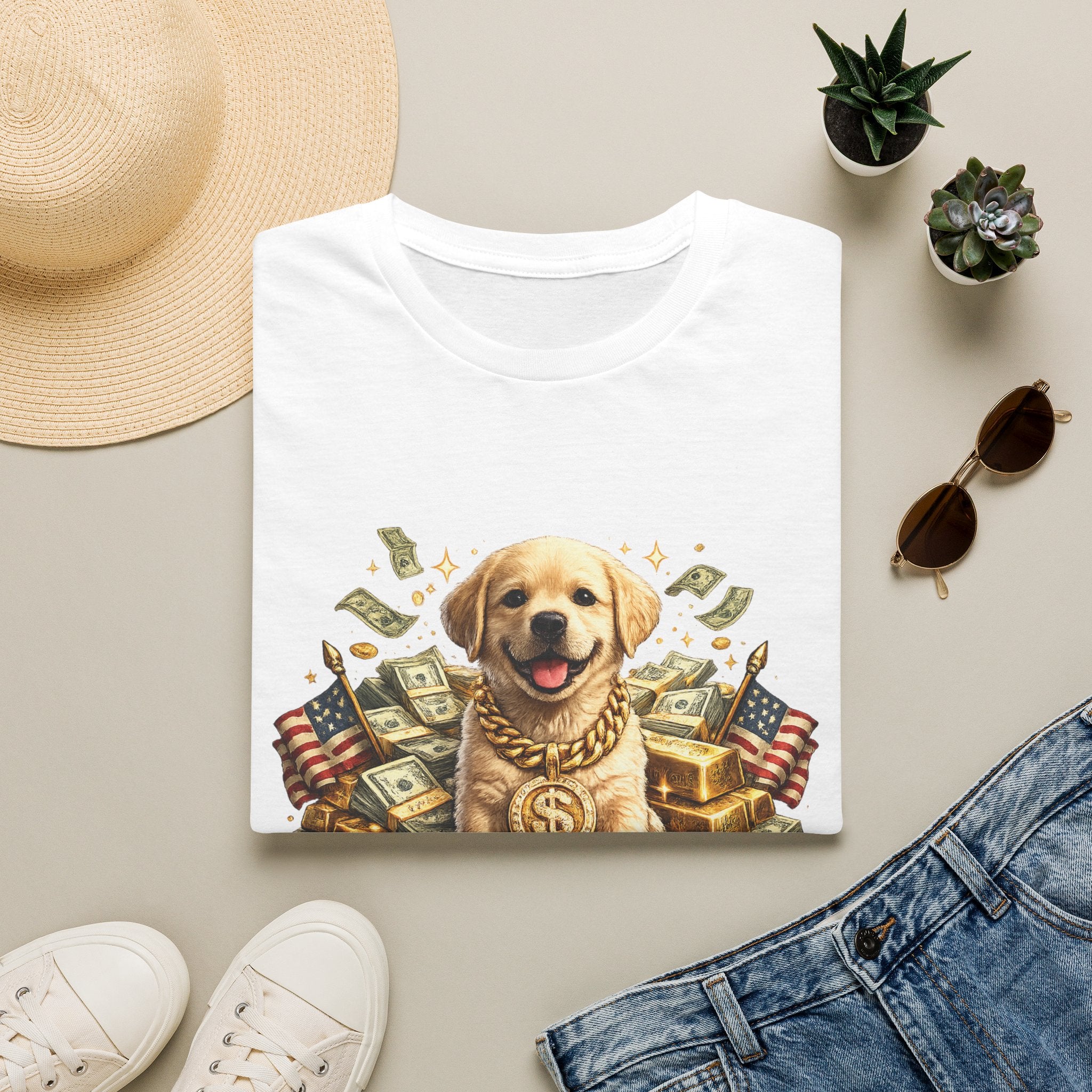 Money Puppy Graphic T-Shirt — Cute Golden Retriever with Cash & Flags