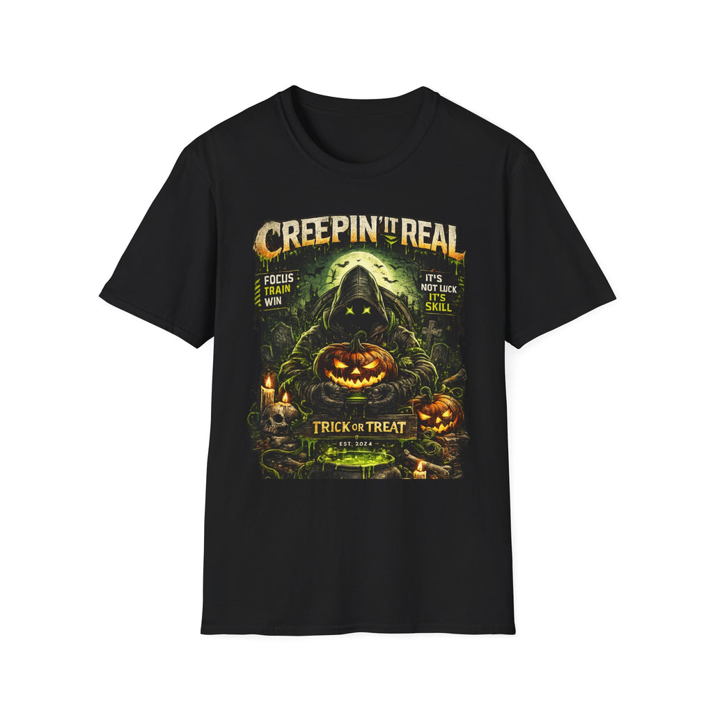 Creepin' It Real Halloween T-Shirt — Hooded Reaper Pumpkin Trick-or-Treat Design