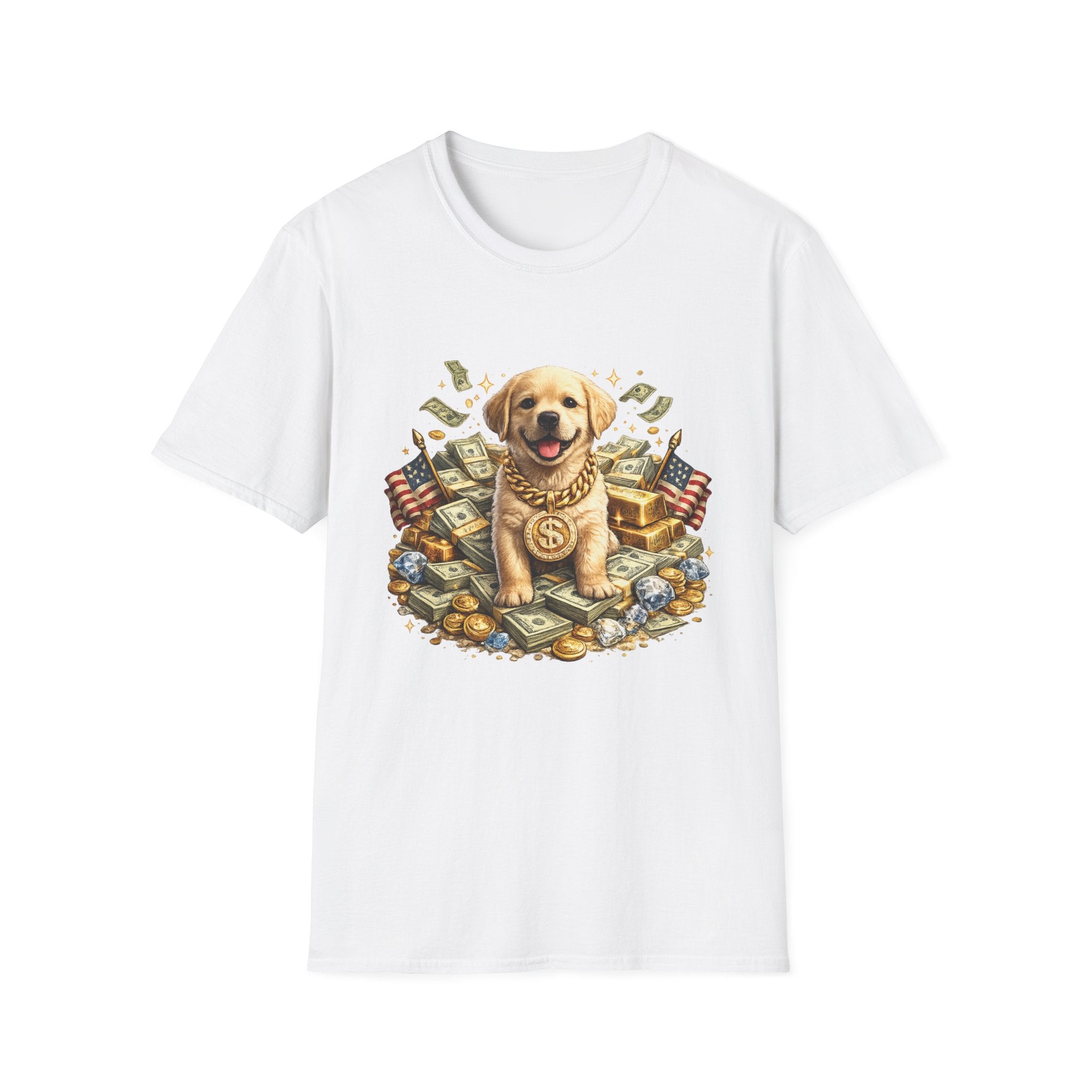 Money Puppy Graphic T-Shirt — Cute Golden Retriever with Cash & Flags