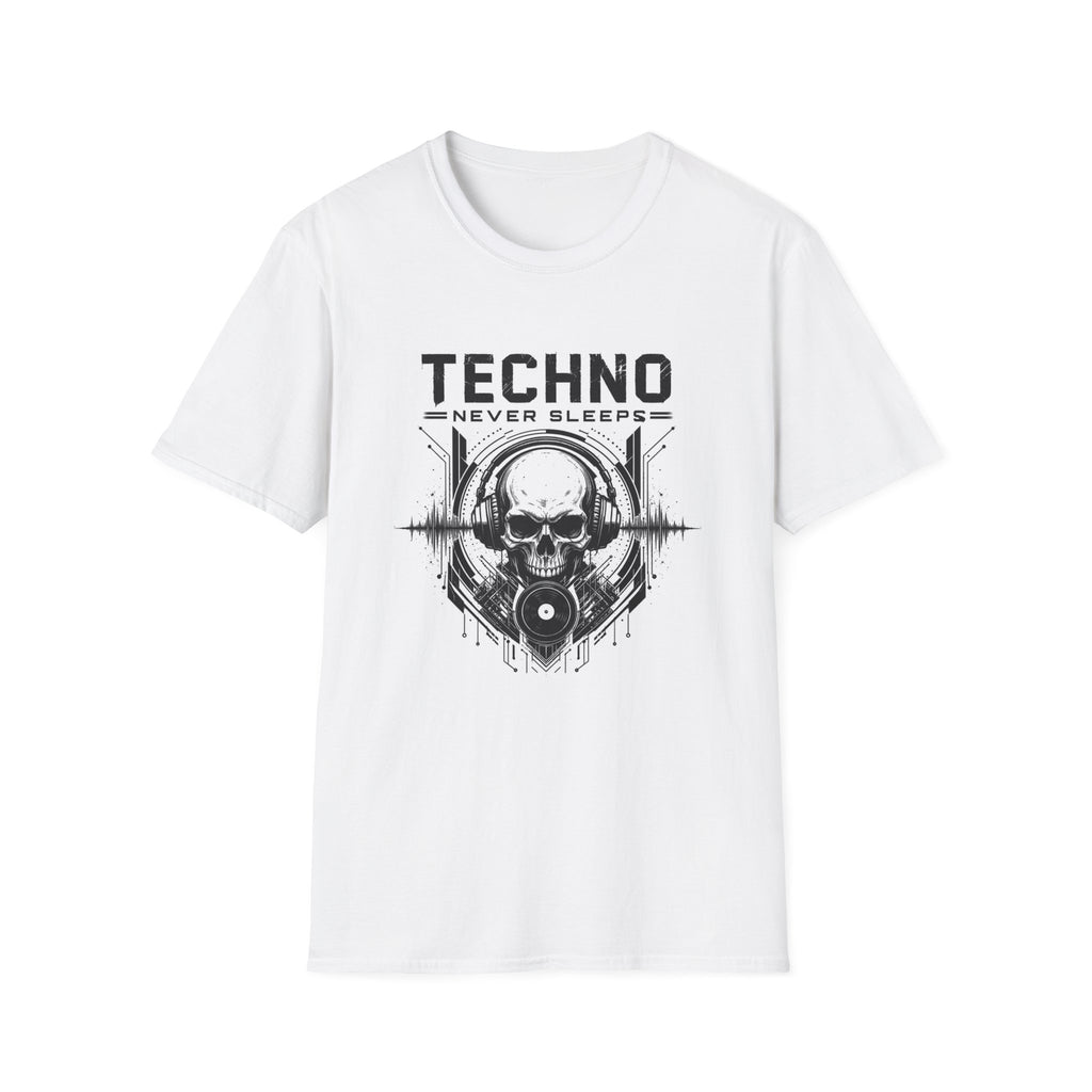 Techno Never Sleeps T-Shirt – Totenkopf DJ Elektronische Musik T-Shirt