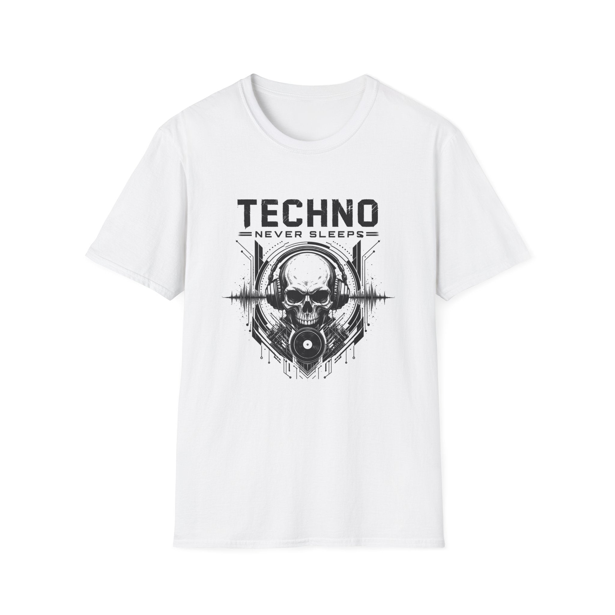 Techno Never Sleeps T-Shirt | Skull DJ Electronic Music Festival Tee