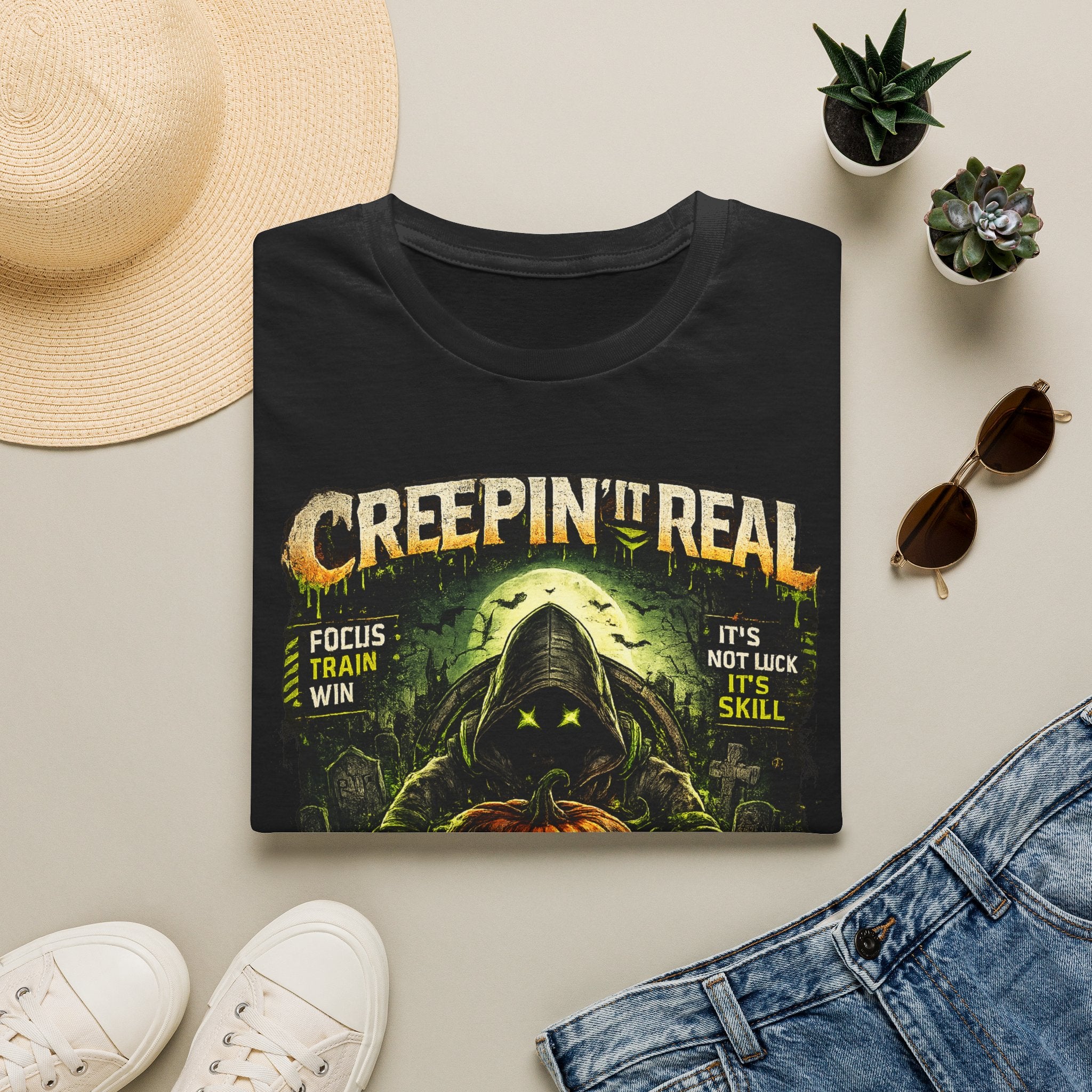 Creepin' It Real Halloween T-Shirt — Hooded Reaper Pumpkin Trick-or-Treat Design