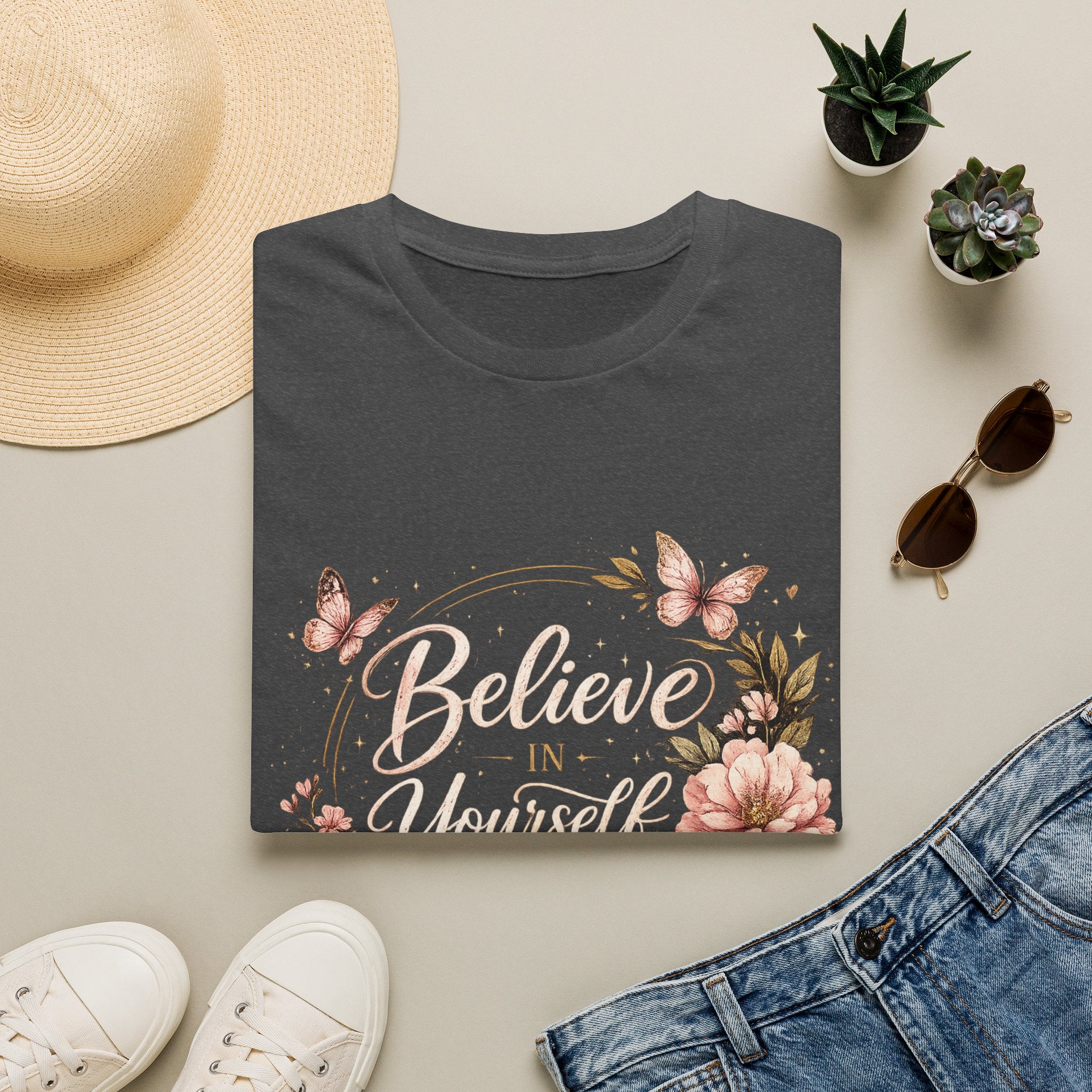 Believe in Yourself Floral T-Shirt — Inspirational Butterfly Graphic Tee