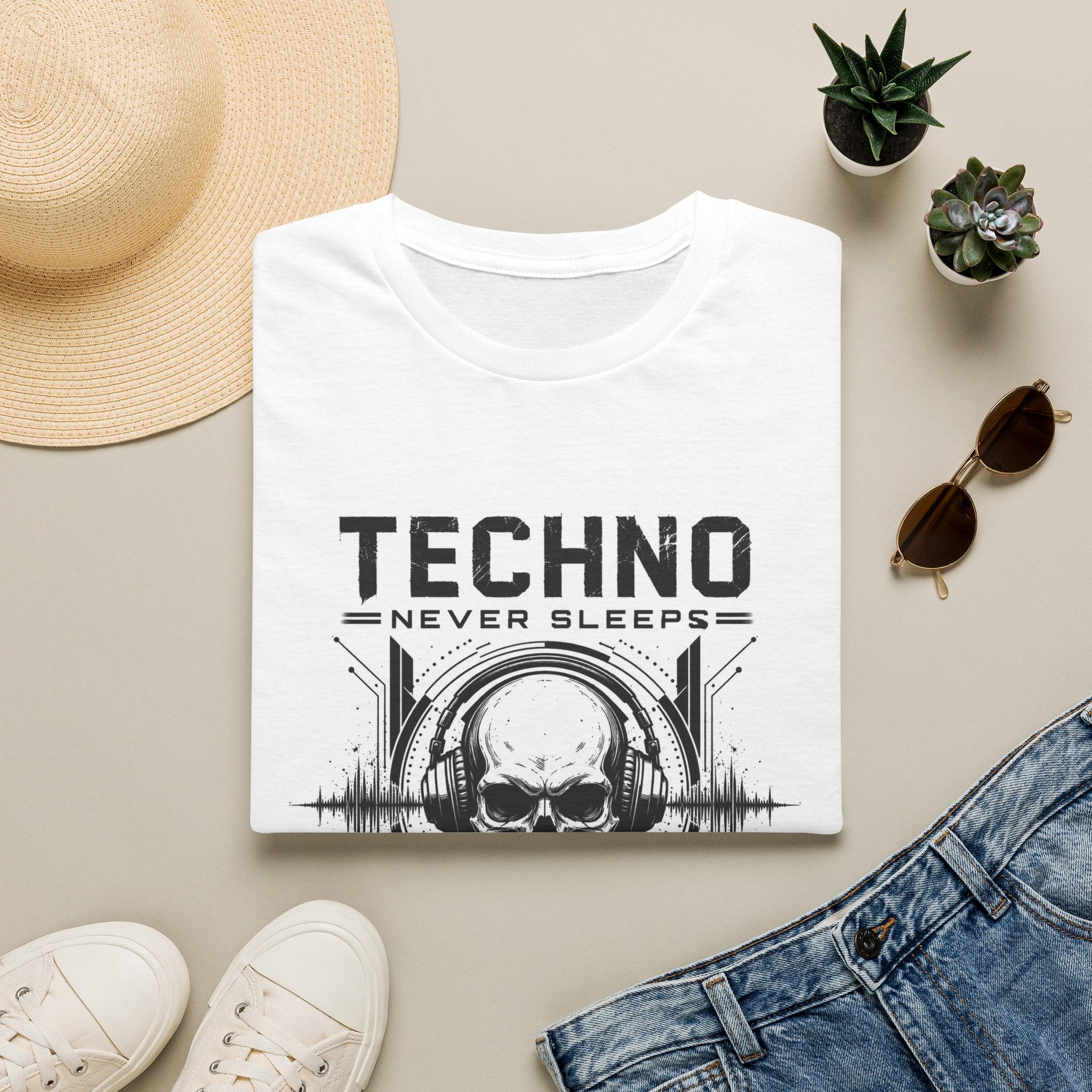 Techno Never Sleeps T-Shirt | Skull DJ Electronic Music Festival Tee