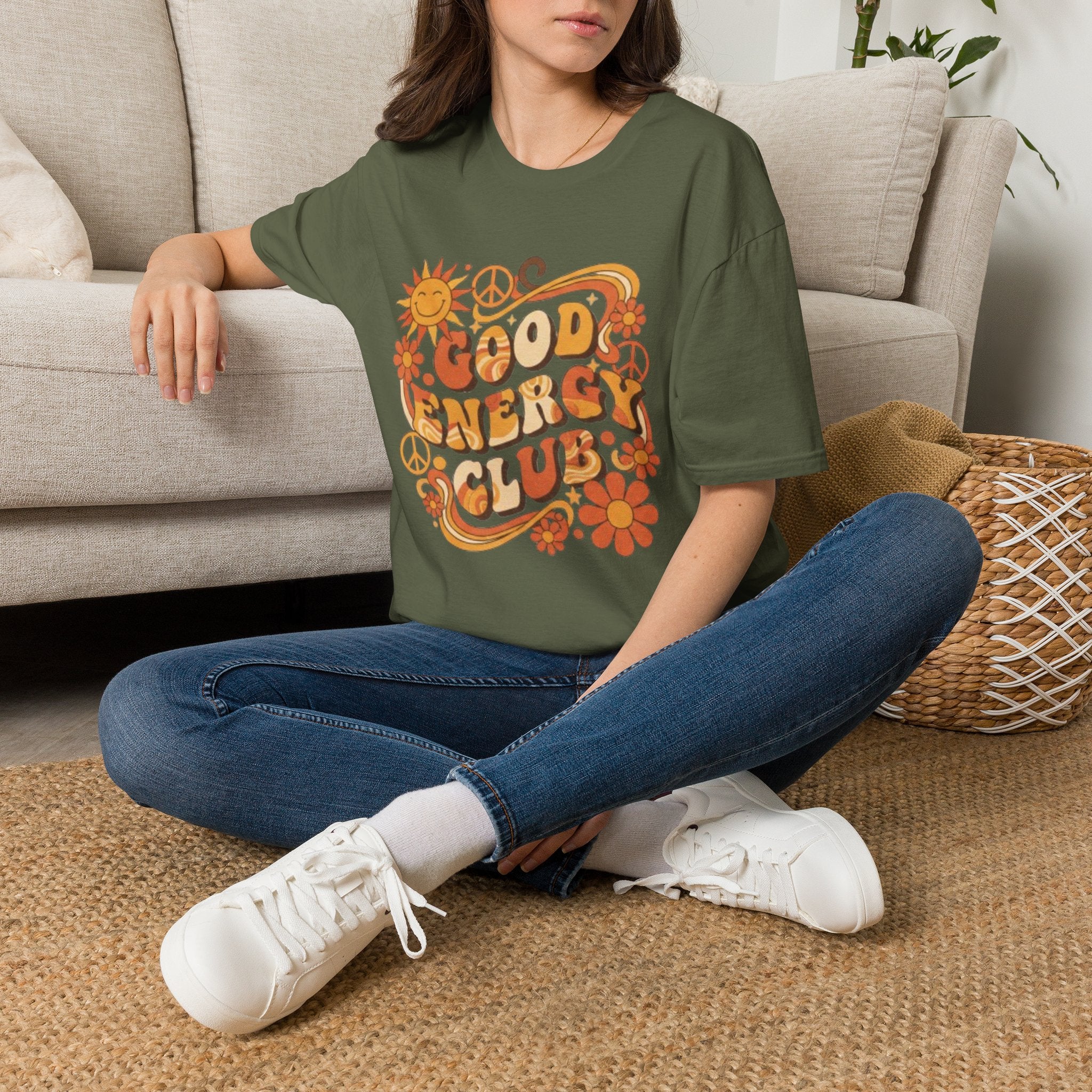 Good Energy Retro Tee — 70s Sunshine Peace Floral Graphic T-Shirt
