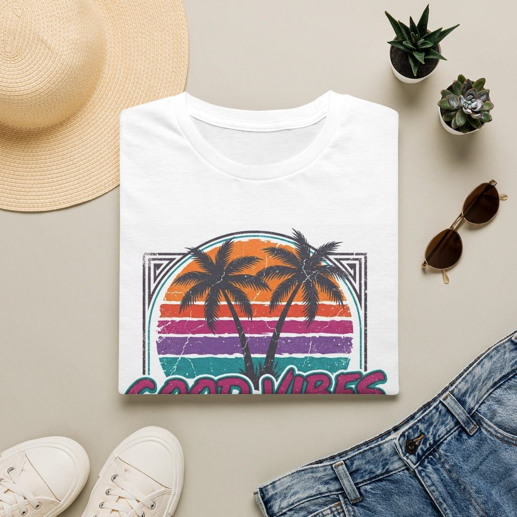 Good Vibes Palm Sunset T-Shirt — Retro Tropical Beach Graphic Tee