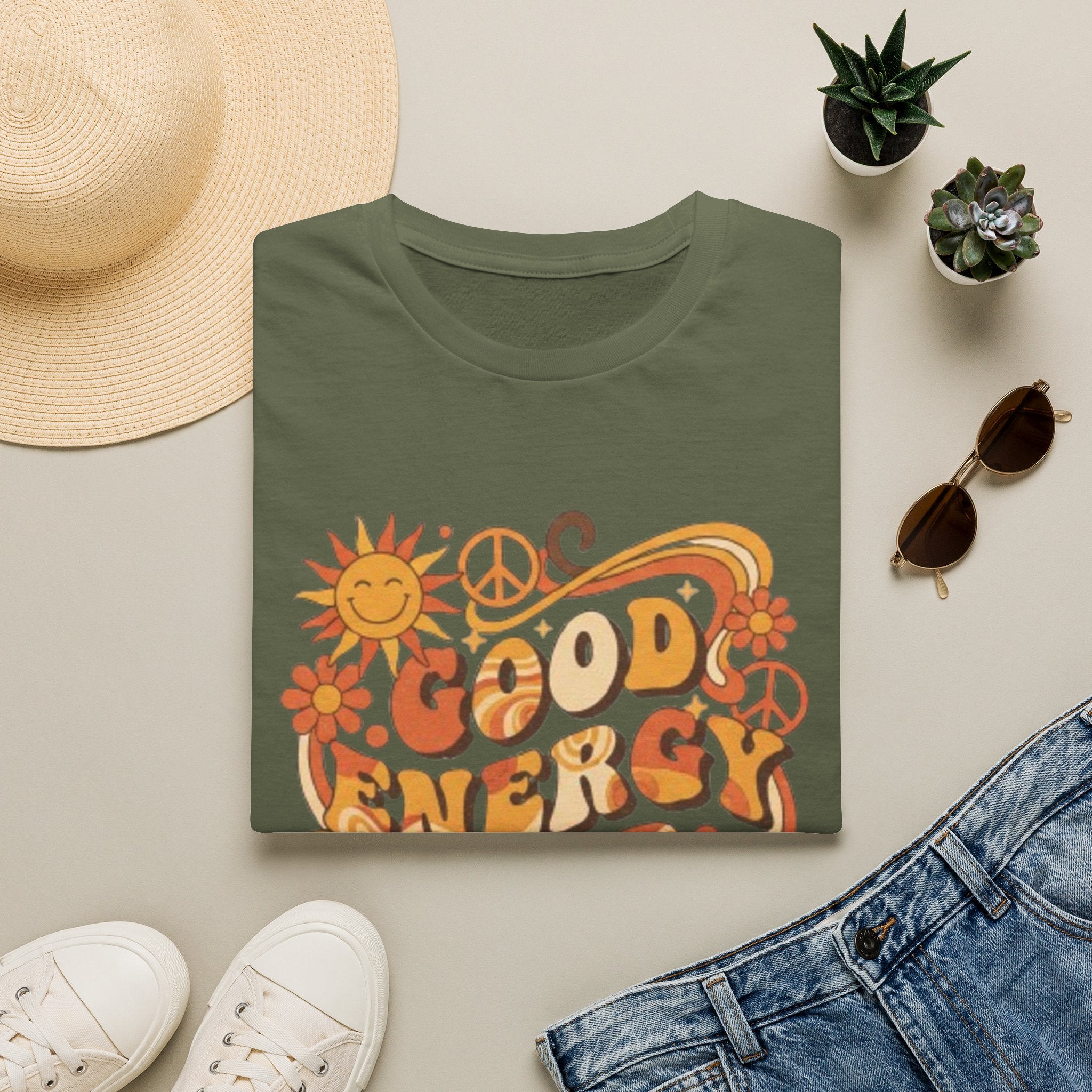Good Energy Retro Tee — 70s Sunshine Peace Floral Graphic T-Shirt