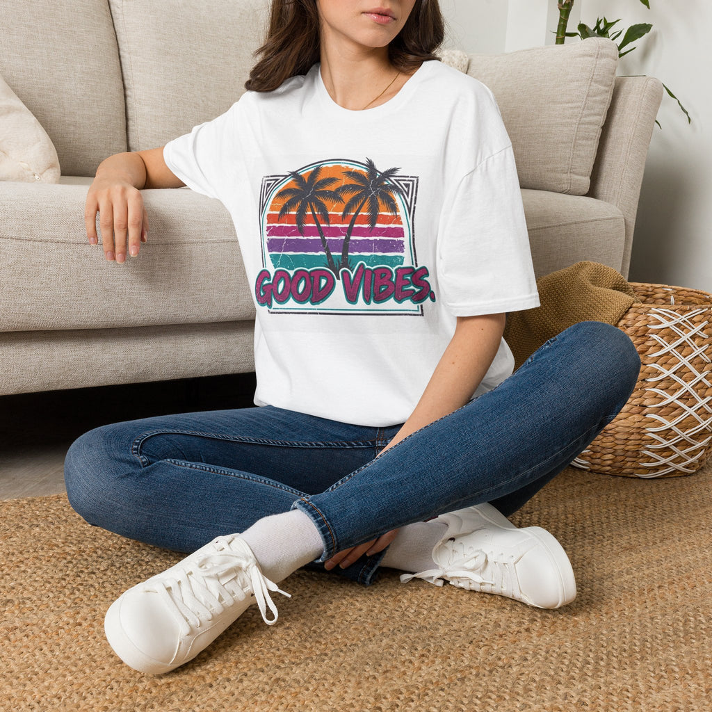 Good Vibes Palm Sunset T-Shirt — Retro Tropical Beach Graphic Tee