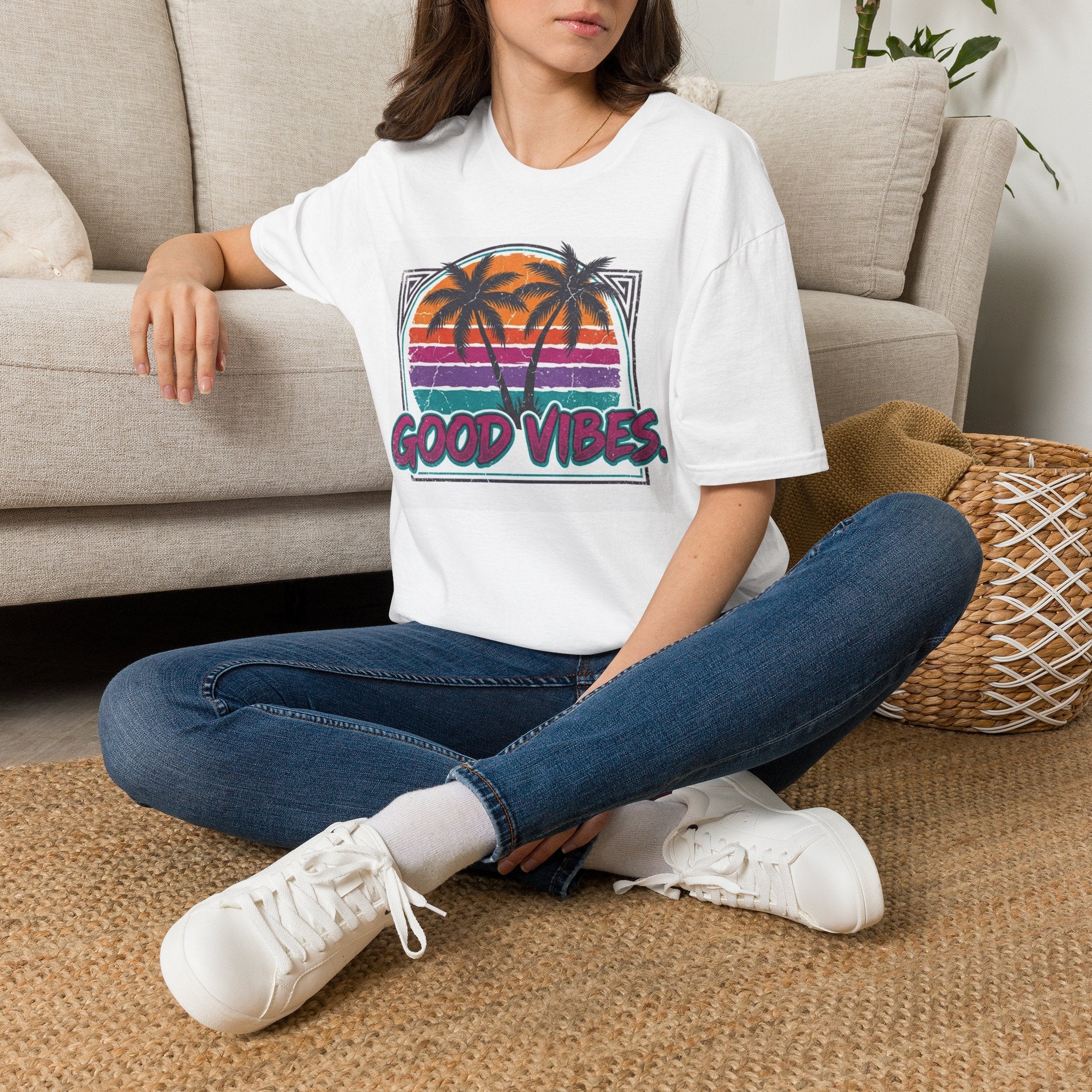 Good Vibes Palm Sunset T-Shirt — Retro Tropical Beach Graphic Tee