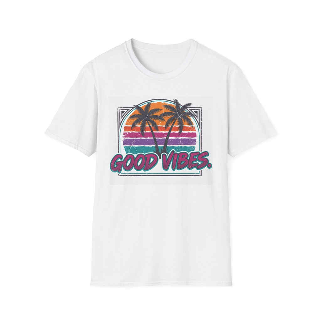 Good Vibes Palm Sunset T-Shirt — Retro Tropical Beach Graphic Tee