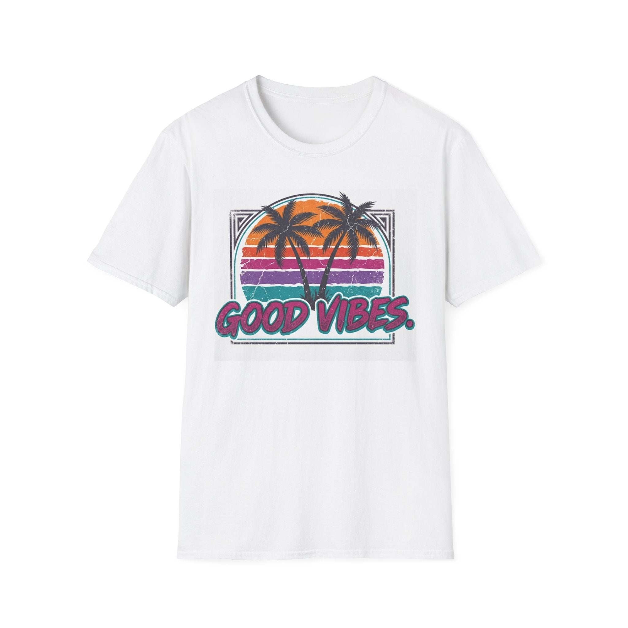 Good Vibes Palm Sunset T-Shirt — Retro Tropical Beach Graphic Tee