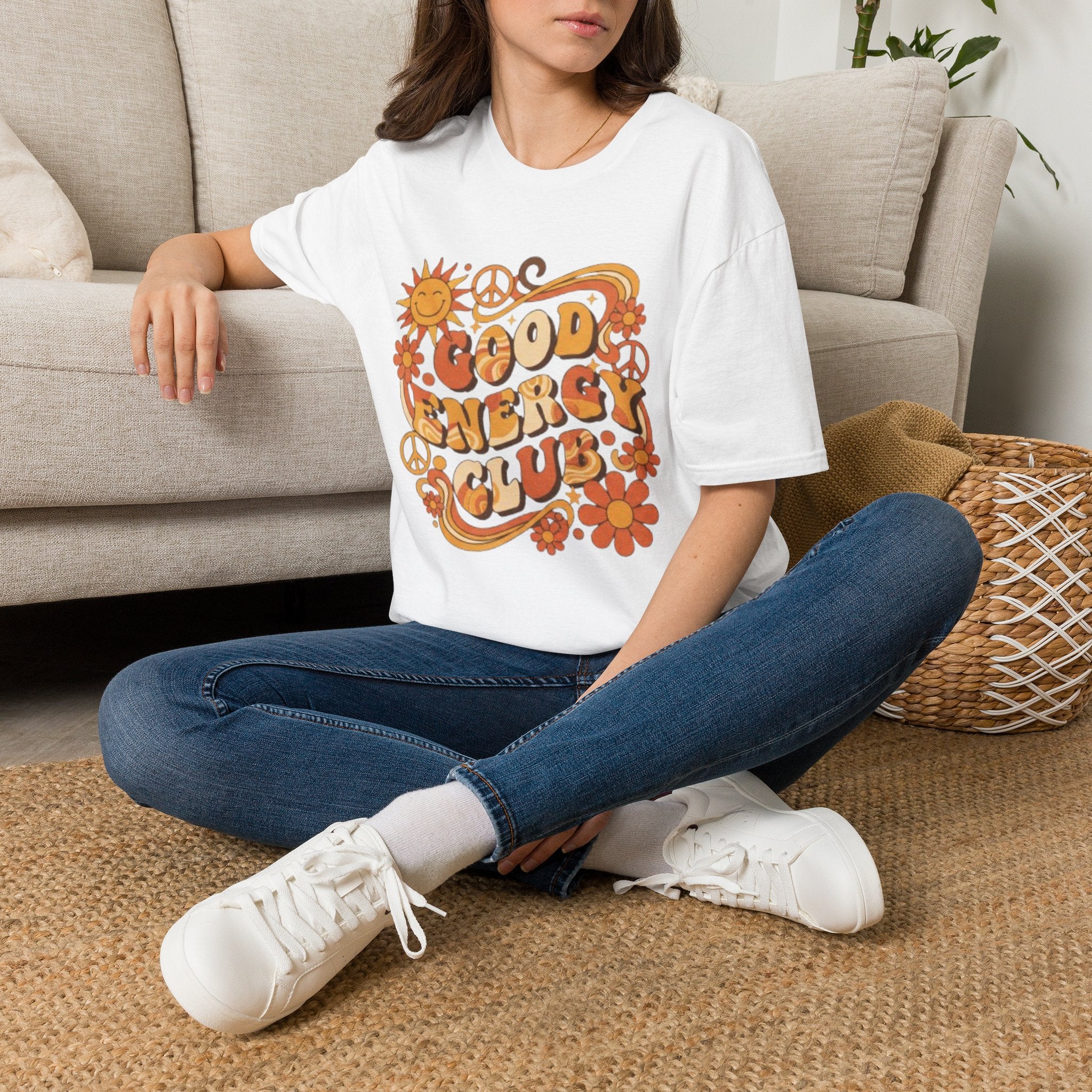 Good Energy Retro Tee — 70s Sunshine Peace Floral Graphic T-Shirt
