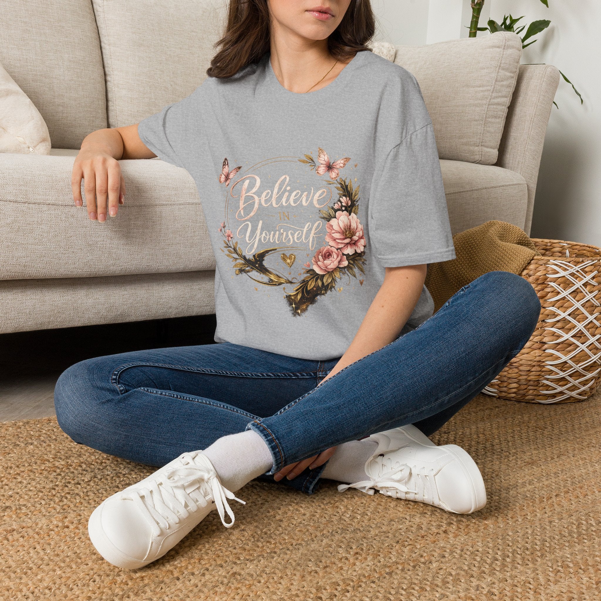 Believe in Yourself Floral T-Shirt — Inspirational Butterfly Graphic Tee