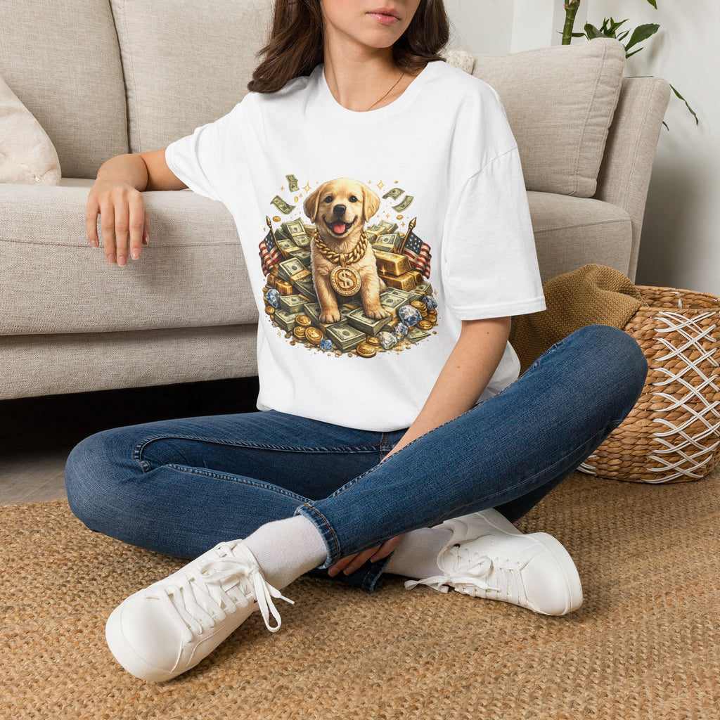 Money Puppy Graphic T-Shirt — Cute Golden Retriever with Cash & Flags