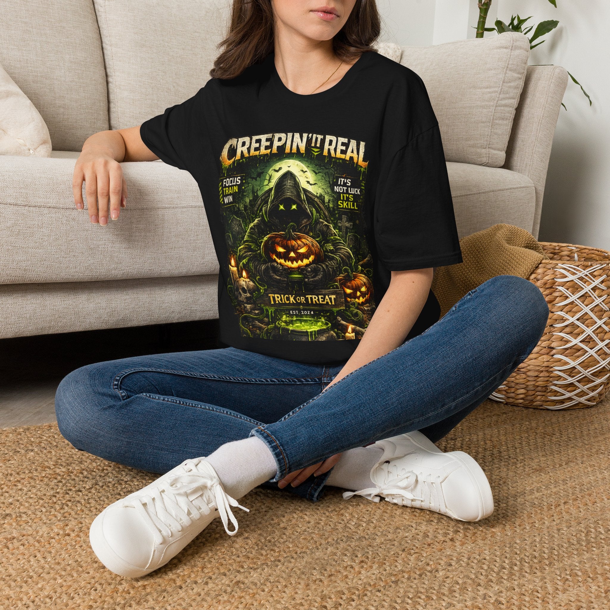 Creepin' It Real Halloween T-Shirt — Hooded Reaper Pumpkin Trick